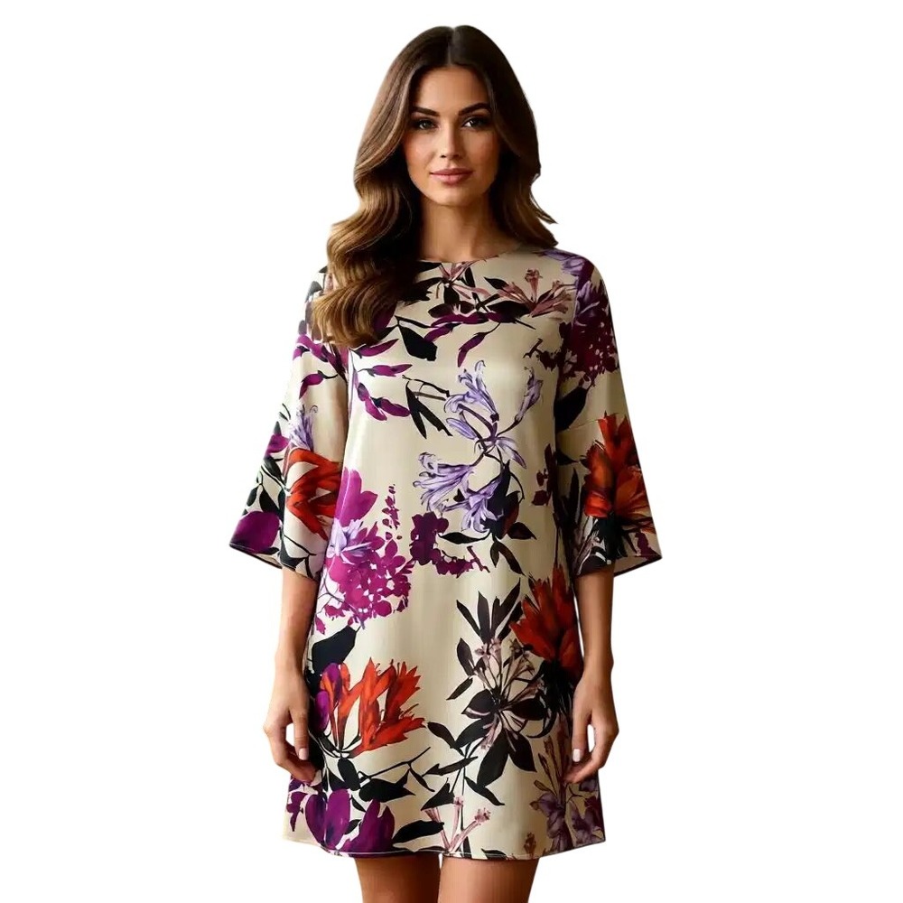 Caroline Rose $448‎ Floral Bell Sleeve Shift Dress Multi Black Small 29910 NWT